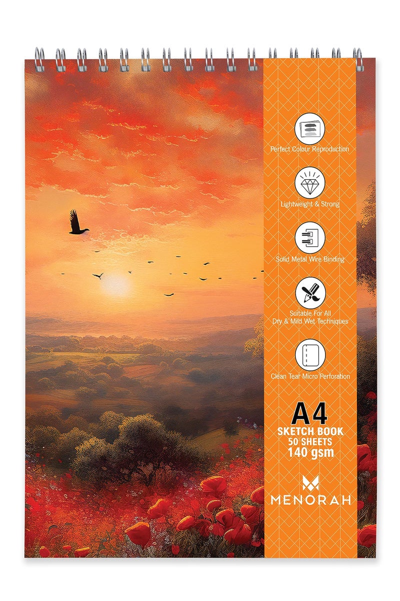 MENORAH - A4 Sketch Book - 140 GSM | (100 Pages/50 Sheets) | A4 Sketchbook | Metal Wire-O Bound Drawing Notebook | (21.0 x 29.7 cm)- Romantic Sunset Design - Image 1