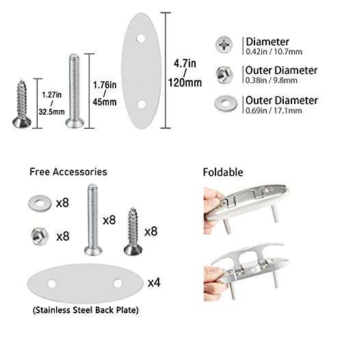 YUSOVE 4-1/2" Flip-up Dock Cleat Boat Cleat New Upgrade Marine Folding Cleat 316 Stainless Steel Folding Cleats for Boats,with Back Plate with Installation Accessories Fastener,Pack of 4 - Image 3