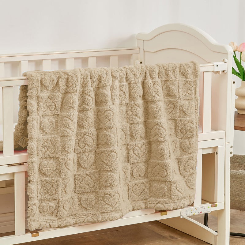 Yurhap Fleece Baby Blanket Heart Checkered, Ultra Soft Cozy Baby Blankets for Boys Girls, Fluffy Infant Toddler Newborn Receiving Gifts for Crib Stroller 30"x40" (Khaki) - Image 5