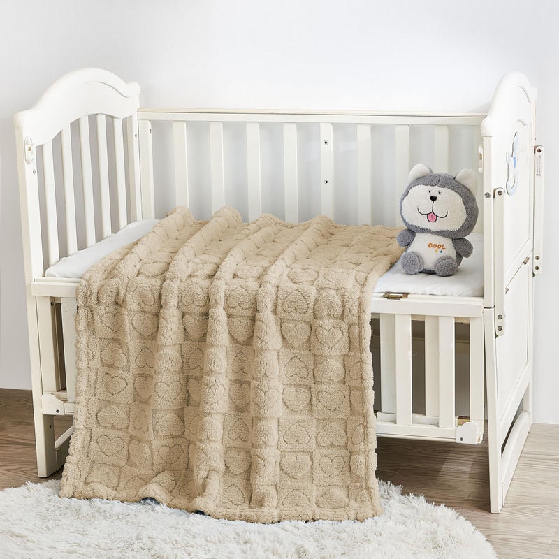 Yurhap Fleece Baby Blanket Heart Checkered, Ultra Soft Cozy Baby Blankets for Boys Girls, Fluffy Infant Toddler Newborn Receiving Gifts for Crib Stroller 30"x40" (Khaki) - Image 3