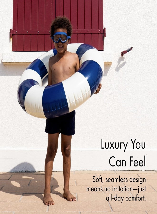 Petites Pommes Pool Floats for Kids & Toddlers - Durable Inner Tube, Handprinted Classic Striped Design Water Tubes, Soft Comfort Seaming, Packable Floats for Travel, Dark Blue, 24 inch - Image 3