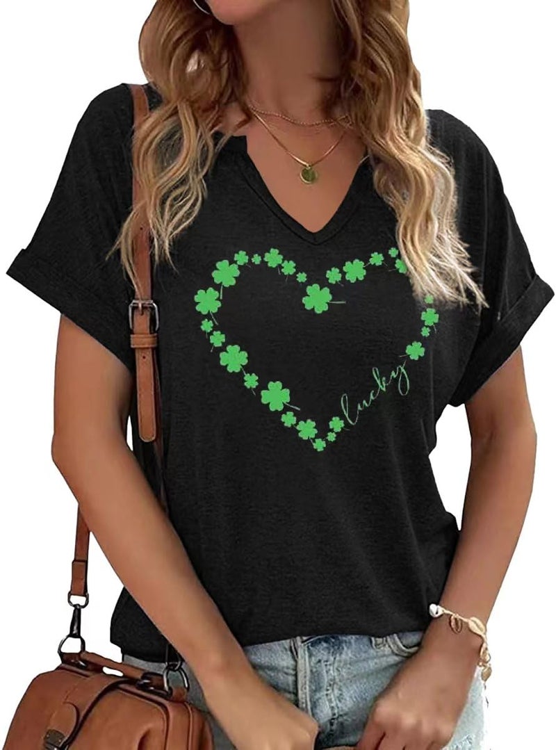 TIXOM St Patrick's Day V Neck Shirts for Womens Irish Shamrock Heart Graphic Tee Lucky Printed Short Sleeve Shirts Tops(L,A-Black-3)