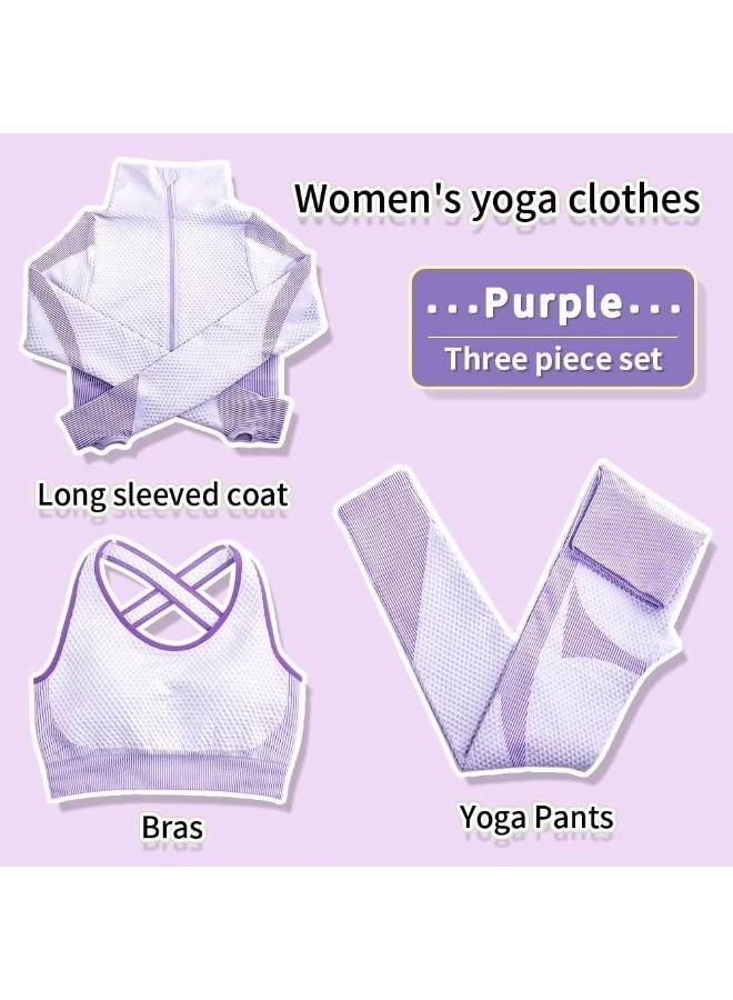 NIBEMINENT Women's 3pcs Seamless Workout Outfits Sets, Yoga Sportswear Tracksuit Leggings and Stretch Sports Bra Fitness - Image 3