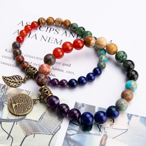 Bivei Natural Semi Precious Crystals Gemstone Beaded Bracelets - Life Tree Charm 7 Chakras Beads Stretch Bracelet for Women, 8 Inch (7 Chakras) - Image 4