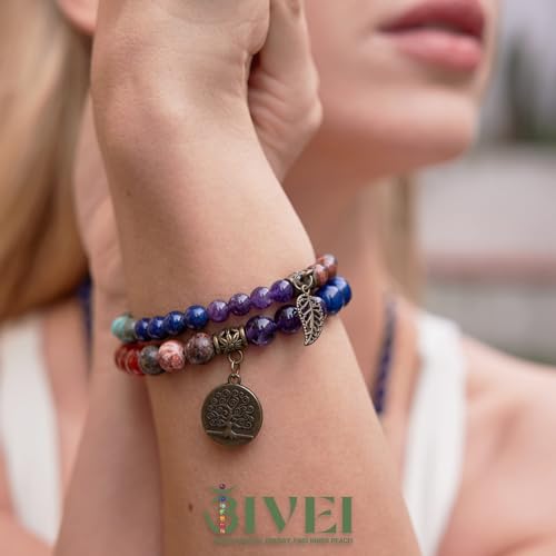 Bivei Natural Semi Precious Crystals Gemstone Beaded Bracelets - Life Tree Charm 7 Chakras Beads Stretch Bracelet for Women, 8 Inch (7 Chakras) - Image 2
