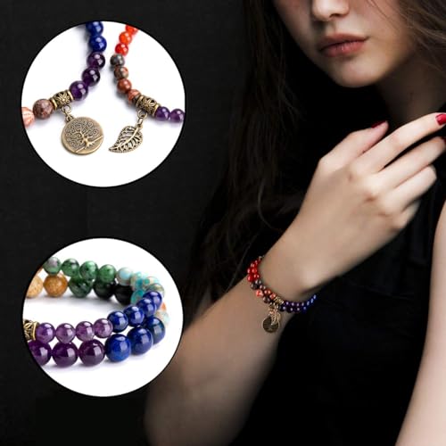 Bivei Natural Semi Precious Crystals Gemstone Beaded Bracelets - Life Tree Charm 7 Chakras Beads Stretch Bracelet for Women, 8 Inch (7 Chakras) - Image 5