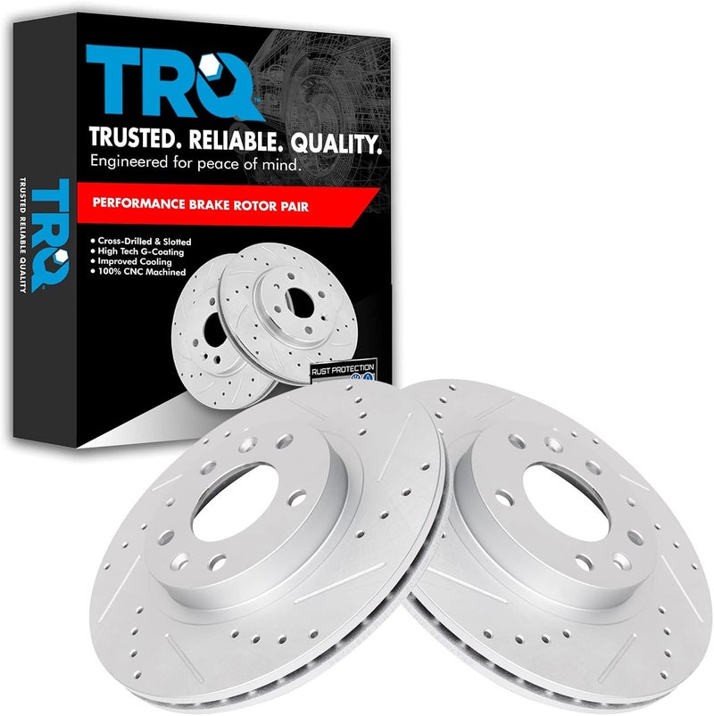TRQ Front Performance Brake Rotors Set Premium G-Coated Cross Drilled & Slotted Compatible with 2006-2015 Mazda MX-5 Miata - Image 1