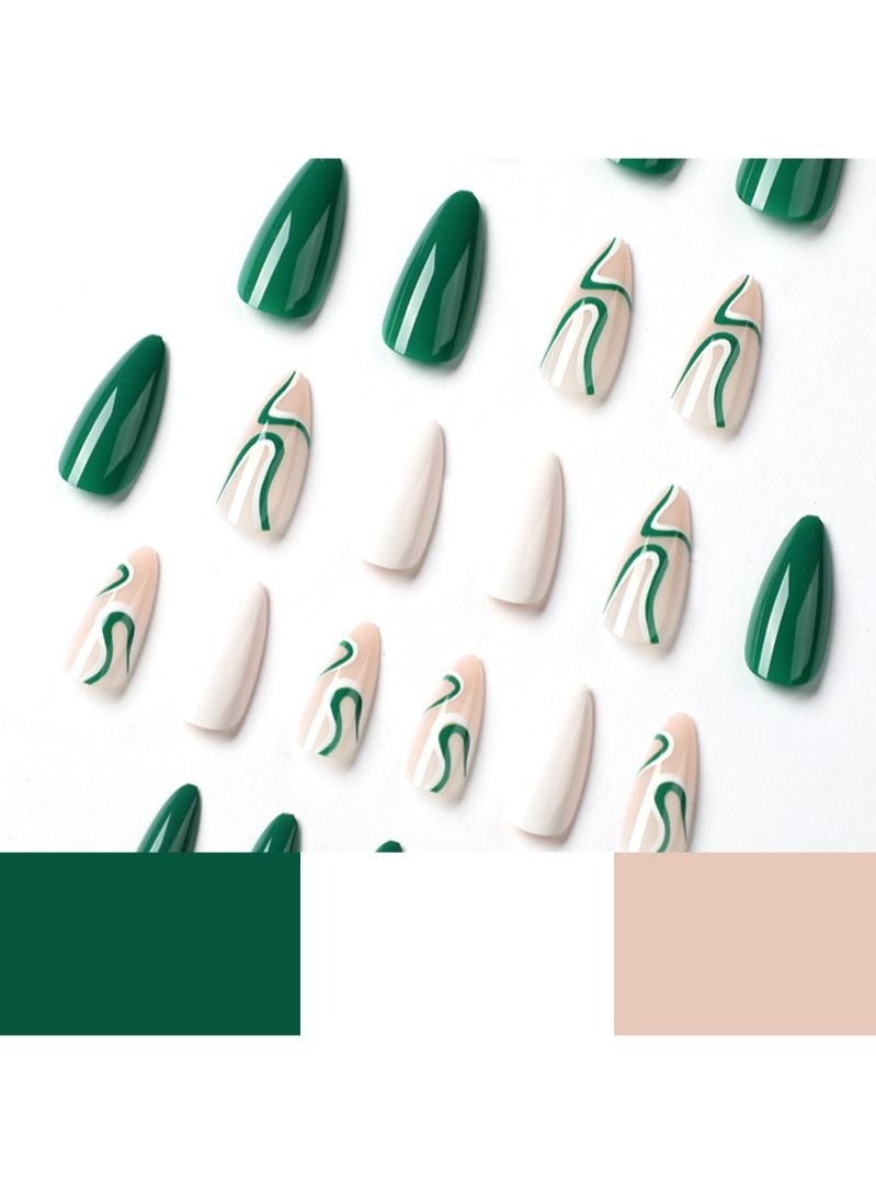 24 قطعة من أظافر اللوز الأخضر والأبيض، أظافر صناعية - Image 5