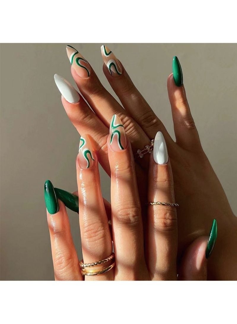 24 قطعة من أظافر اللوز الأخضر والأبيض، أظافر صناعية - Image 1