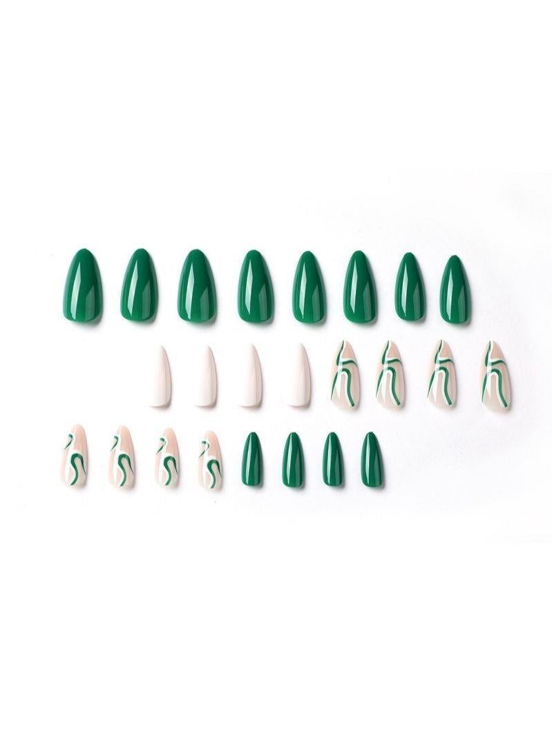 24 قطعة من أظافر اللوز الأخضر والأبيض، أظافر صناعية - Image 3