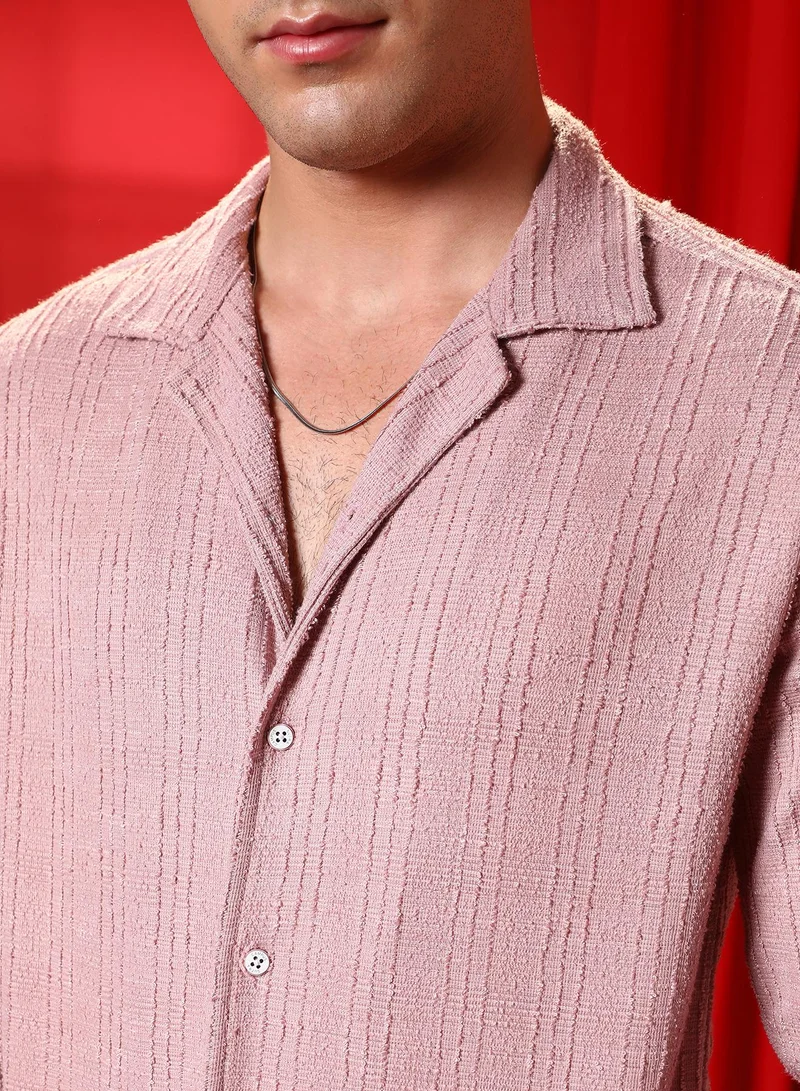 Campus Sutra Men's Blush Pink Tactile Cuban Shirt