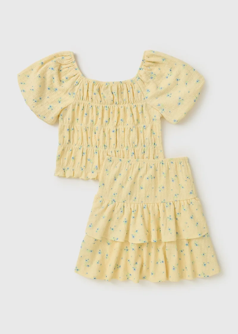 ماتلان Girls Yellow Crinkle Ditsy Top & Skirt Set