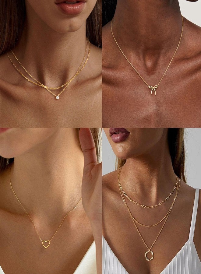 Tornito 9Pcs Necklace for Women 18K Gold Plated Small CZ Bowknot Pearl Heart Satellite Bead Circle Box Twist Paperclip Figaro Pendant Choker Necklaces Layered Stackable Chain Jewelry Gold Tone - Image 4