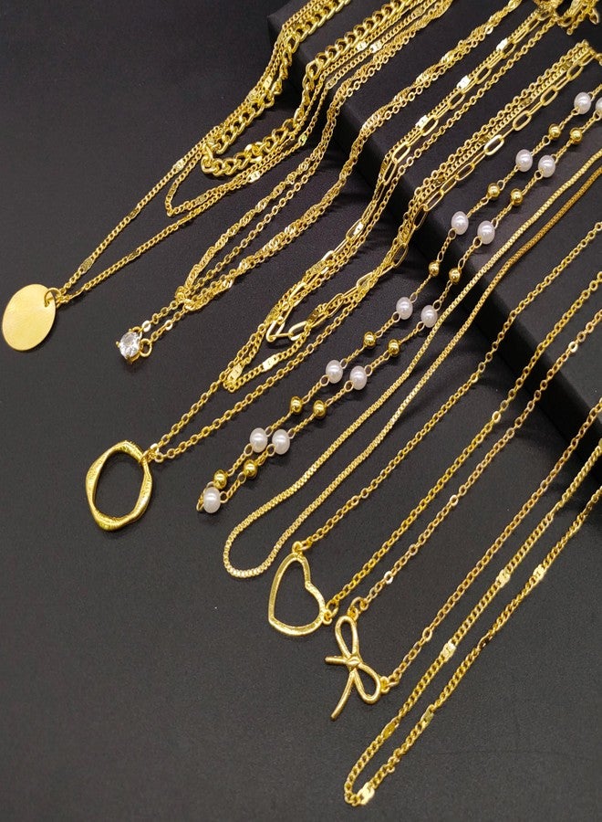 Tornito 9Pcs Necklace for Women 18K Gold Plated Small CZ Bowknot Pearl Heart Satellite Bead Circle Box Twist Paperclip Figaro Pendant Choker Necklaces Layered Stackable Chain Jewelry Gold Tone - Image 2