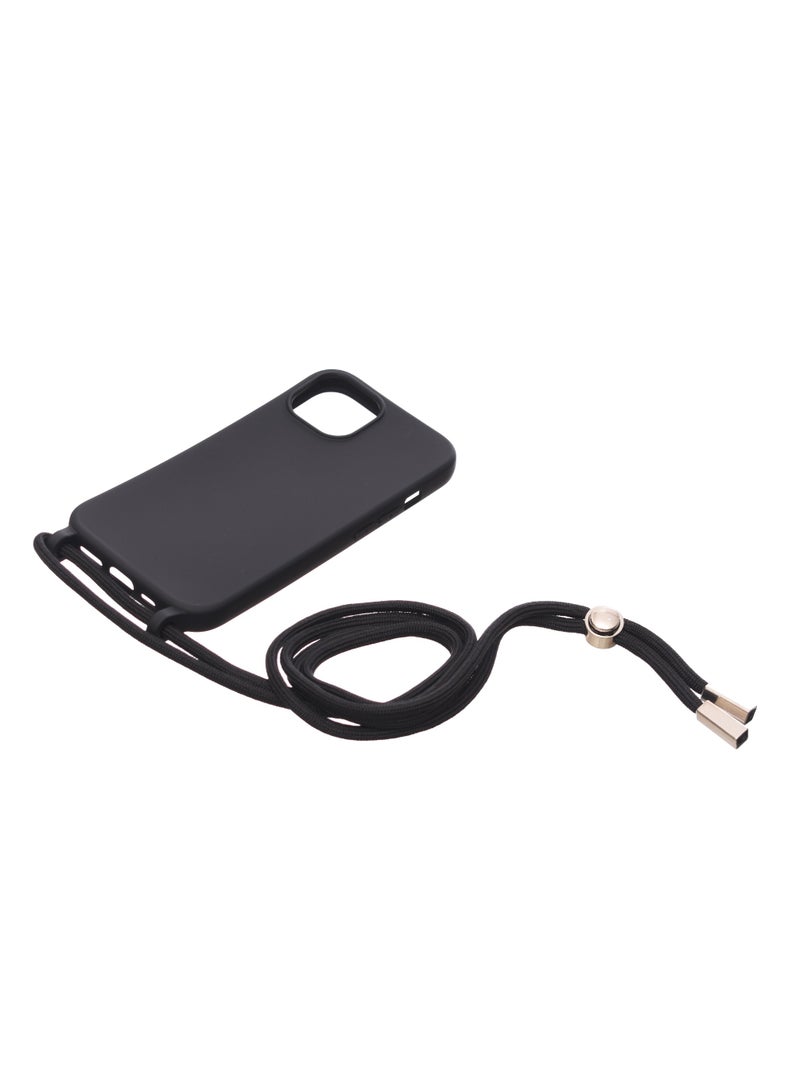 Silicone Back Phone Protection Cover With Fabric Strap And Safety Edges For Iphone 15 - Black  - Image 1