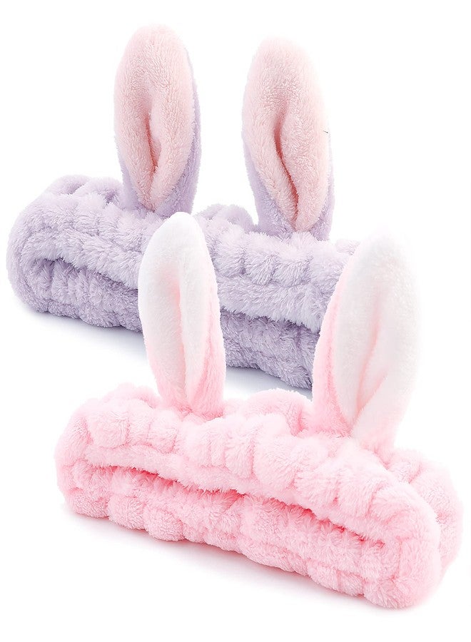 YISSION 2PCS Bunny Ears Spa Headband No Slip Head Band for Face Wash Makeup Skincare Facial Headband Elastic Hair Band Carol Fleece Headbands for Women Girls (Pink Purple) - Image 1