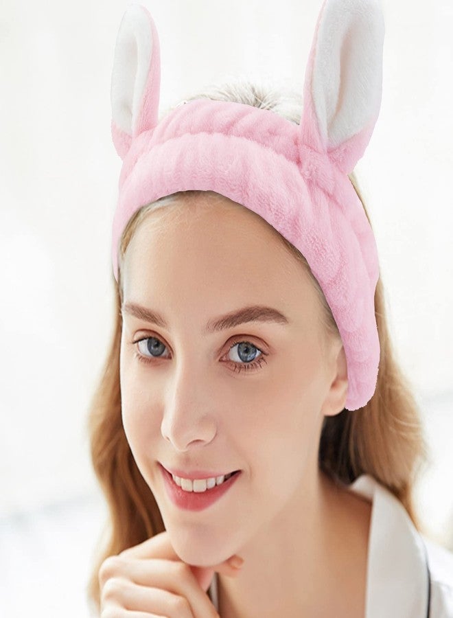 YISSION 2PCS Bunny Ears Spa Headband No Slip Head Band for Face Wash Makeup Skincare Facial Headband Elastic Hair Band Carol Fleece Headbands for Women Girls (Pink Purple) - Image 3