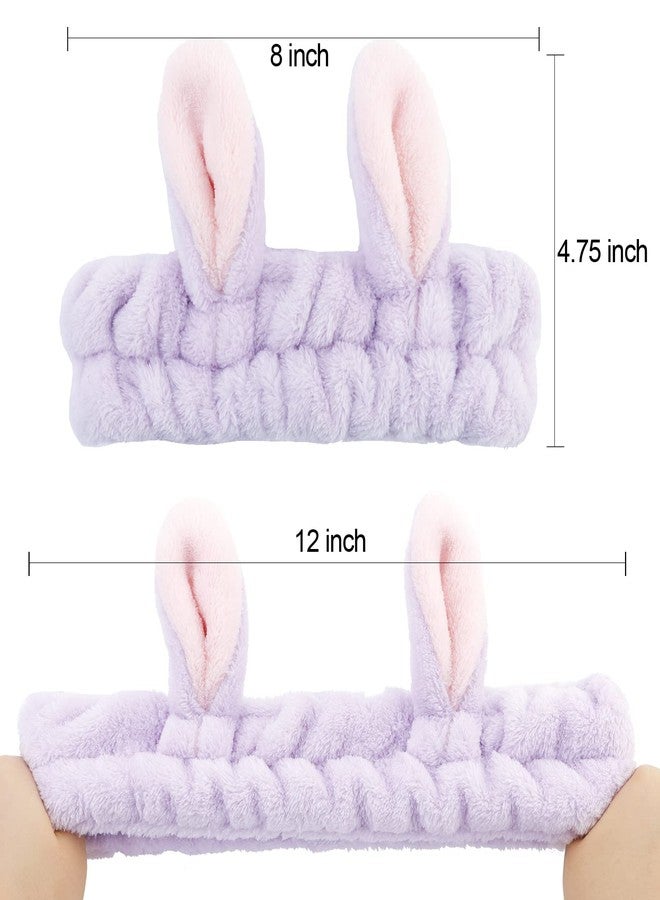 YISSION 2PCS Bunny Ears Spa Headband No Slip Head Band for Face Wash Makeup Skincare Facial Headband Elastic Hair Band Carol Fleece Headbands for Women Girls (Pink Purple) - Image 2