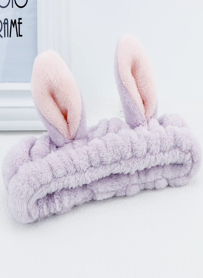 YISSION 2PCS Bunny Ears Spa Headband No Slip Head Band for Face Wash Makeup Skincare Facial Headband Elastic Hair Band Carol Fleece Headbands for Women Girls (Pink Purple) - Image 5