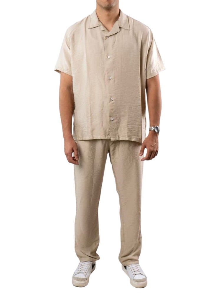 Premium Linen Two-Piece Set, Short Sleeve Shirt and Trousers, Available in Black, White, Beige - Image 1