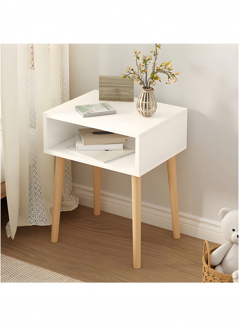 GGEROU طاولة جانبية، طاولة حديثة بجانب السرير مع أرجل خشبية صلبة، خزانة تخزين جانبية مع أدراج، مناسبة لغرفة النوم، غرفة المعيشة بيضاء (طبقة واحدة، بدون مضخة) - Image 1