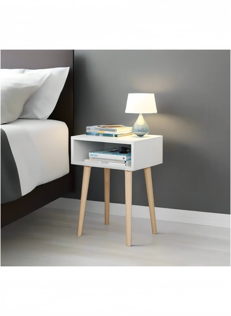 GGEROU طاولة جانبية، طاولة حديثة بجانب السرير مع أرجل خشبية صلبة، خزانة تخزين جانبية مع أدراج، مناسبة لغرفة النوم، غرفة المعيشة بيضاء (طبقة واحدة، بدون مضخة) - Image 2