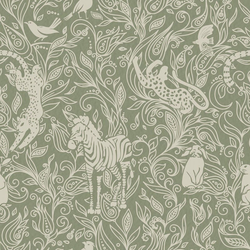 Vinjiasin Boho Safari Animal Wallpaper, Green Neutral Tone Jungle Leopard Zebra Bird Peel and Stick Wallpaper,Waterproof Contact Paper for Nursery Bedroom Living Room Home Decor 17.7" x 78.7" - Image 1