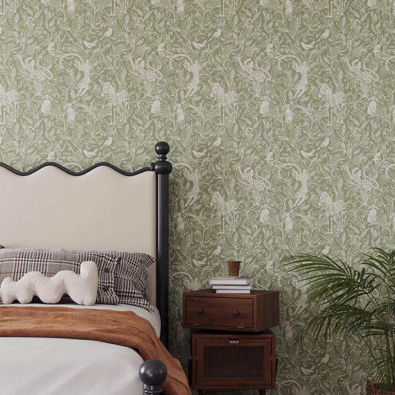 Vinjiasin Boho Safari Animal Wallpaper, Green Neutral Tone Jungle Leopard Zebra Bird Peel and Stick Wallpaper,Waterproof Contact Paper for Nursery Bedroom Living Room Home Decor 17.7" x 78.7" - Image 2