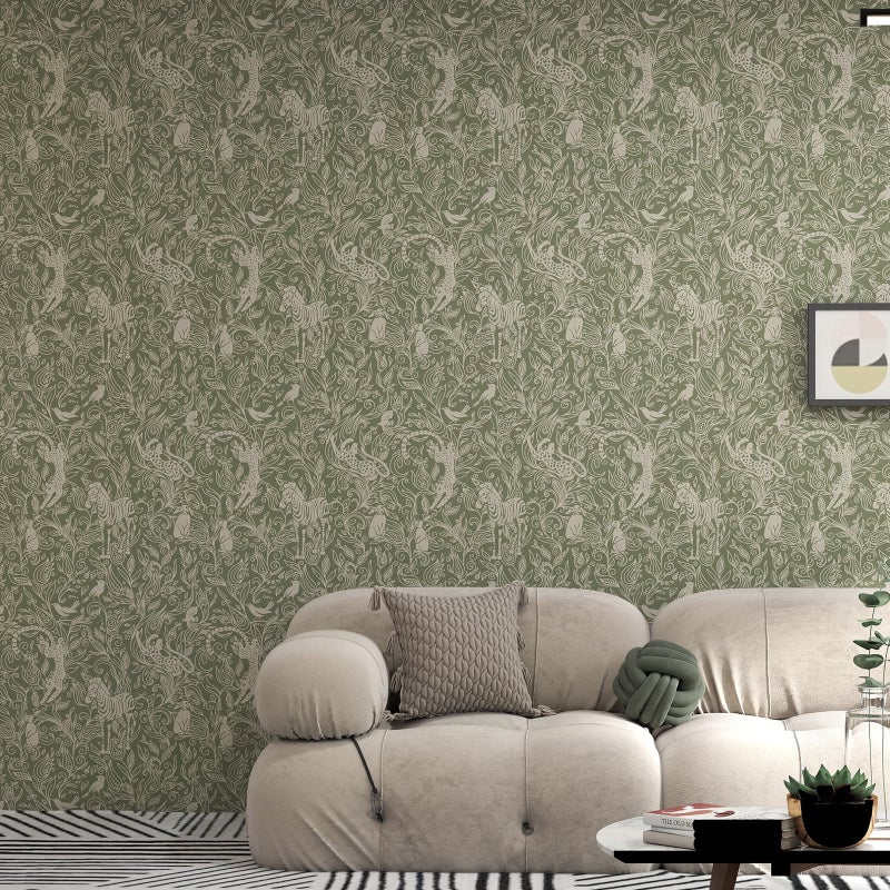 Vinjiasin Boho Safari Animal Wallpaper, Green Neutral Tone Jungle Leopard Zebra Bird Peel and Stick Wallpaper,Waterproof Contact Paper for Nursery Bedroom Living Room Home Decor 17.7" x 78.7" - Image 3
