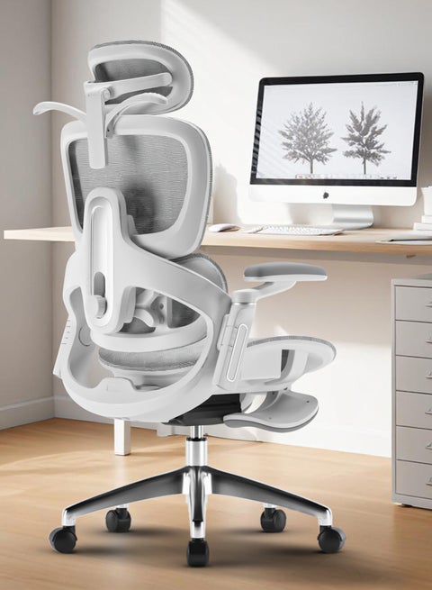كرسي مكتب مريح للعمل من المنزل، كرسي كمبيوتر للدراسة مع قماش شبكي قابل للتنفس، مقعد قابل للتعديل، مسند ظهر قابل للتعديل بـ 5 مستويات، مساند ذراع 6D، مسند رأس 4D ودعم قطني للظهر | كرسي ألعاب مع مسند قدم وإمكانية الإمالة – أبيض