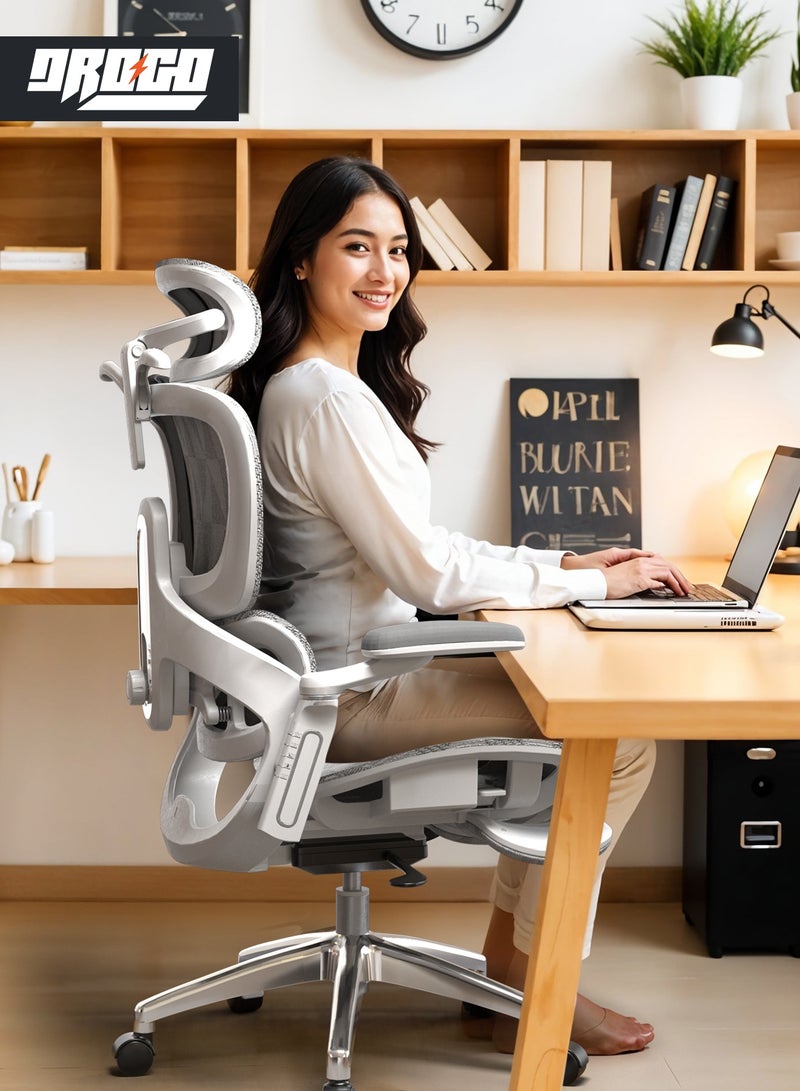 DROGO Ergonomic Office Chair for Work from Home, Computer Chair for Study with Breathable Mesh, Adjustable Seat, 5 level Adjustable Backrest, 6D Armrest, 4D Headrest & Lumbar Support | Gaming Chair with Footrest & Recline White - Image 2