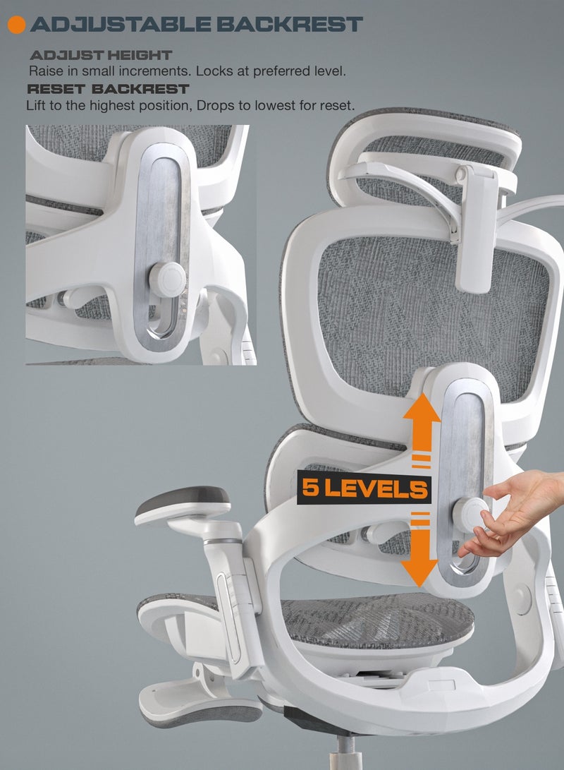DROGO Ergonomic Office Chair for Work from Home, Computer Chair for Study with Breathable Mesh, Adjustable Seat, 5 level Adjustable Backrest, 6D Armrest, 4D Headrest & Lumbar Support | Gaming Chair with Footrest & Recline White - Image 5