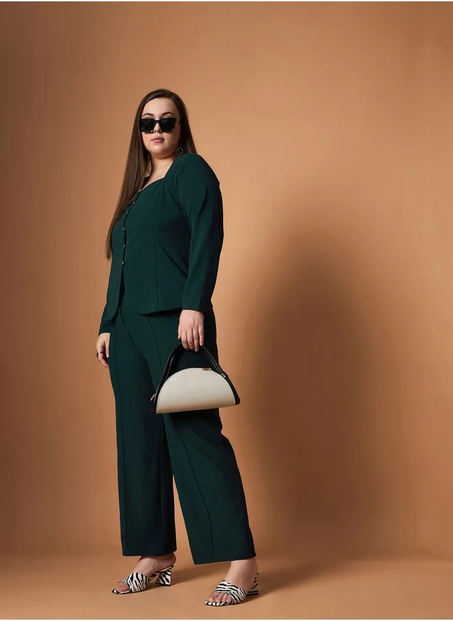 SASSAFRAS Plus Size Solid Front Button Top and Straight Pants Set by Styli