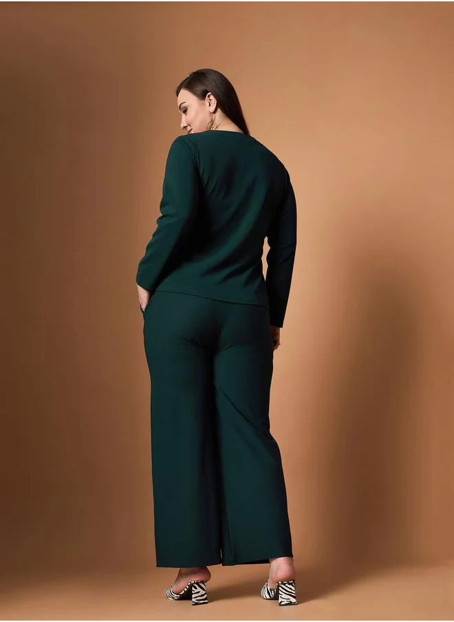 SASSAFRAS Plus Size Solid Front Button Top and Straight Pants Set by Styli