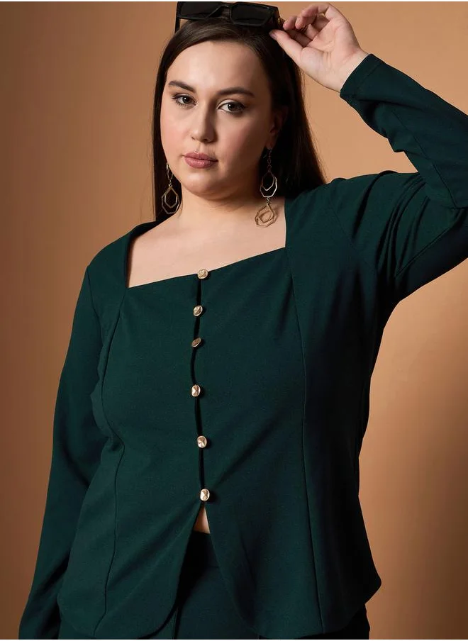 SASSAFRAS Plus Size Solid Front Button Top and Straight Pants Set by Styli