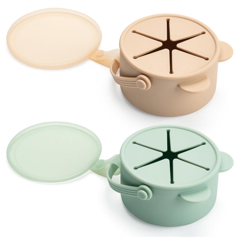 vaanshie Silicone No Spill Snack Cups for Toddlers Portable Baby Snack Cup Containers with Dustproof Lid DishwasherFriendly Toddler Spill Proof Cups Without BPA Lead or Phthalates Beige and Green - Image 3