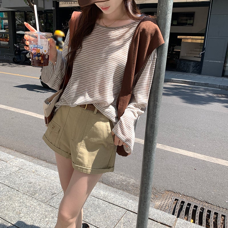 Real picture color striped long sleeve T-shirt womens 2025 early spring new Korean lazy loose single wear beautiful top Brown stripes