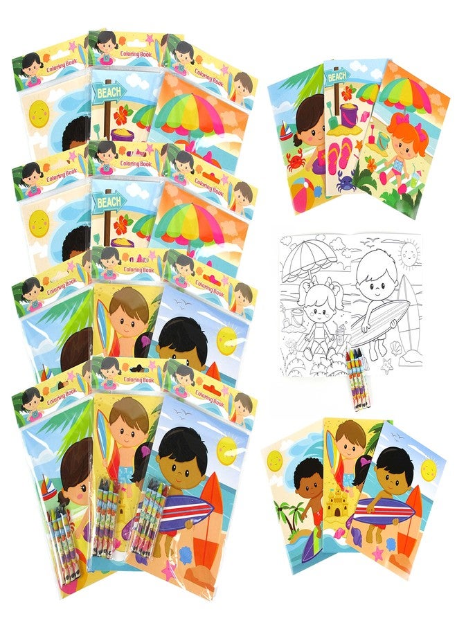TINYMILLS Tiny Mills Summer Surfing Beach Coloring Books with Crayons Party Favors with 12 Coloring Books and 48 Crayons, Beach Party Favors, Beach Prizes, Beach Birthday Party Favor Bag Filler - Image 1