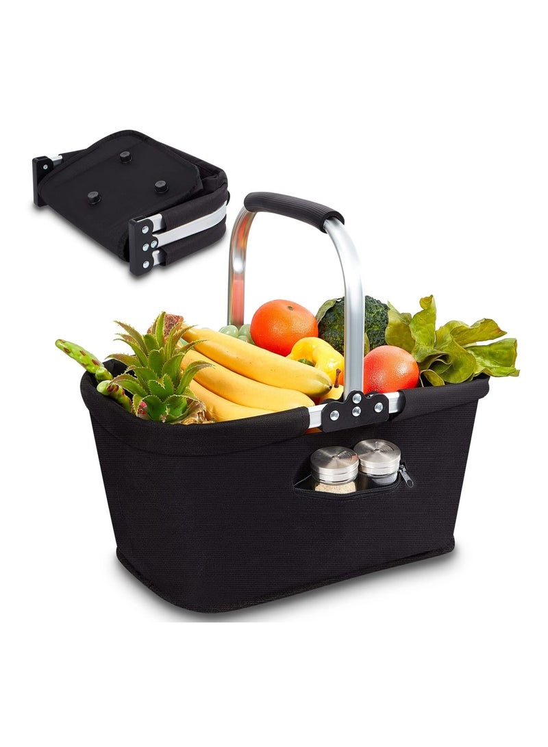 Zikra Folding Large Picnic Basket Shopping Basket, Portable Market Basket with Handle, Fruit Vegetable Gathering Basket, Reusable Collapsible Basket Grocery Bag Storage Organizer Basket, Black - Image 1