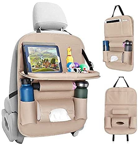 Tarkan TARKAN Leather Car Back Seat Storage Organizer Hanger With Tablet Mobile Holder Foldable Tray Table Beige - Image 1