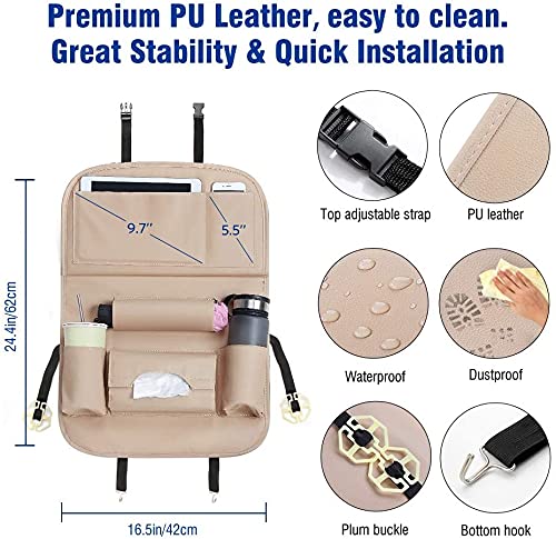 Tarkan TARKAN Leather Car Back Seat Storage Organizer Hanger With Tablet Mobile Holder Foldable Tray Table Beige - Image 3