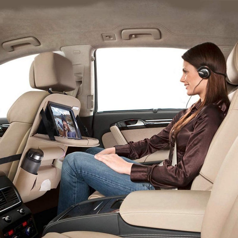 Tarkan TARKAN Leather Car Back Seat Storage Organizer Hanger With Tablet Mobile Holder Foldable Tray Table Beige - Image 4