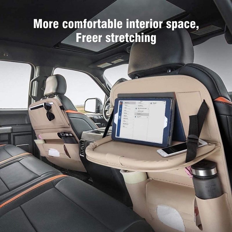 Tarkan TARKAN Leather Car Back Seat Storage Organizer Hanger With Tablet Mobile Holder Foldable Tray Table Beige - Image 5