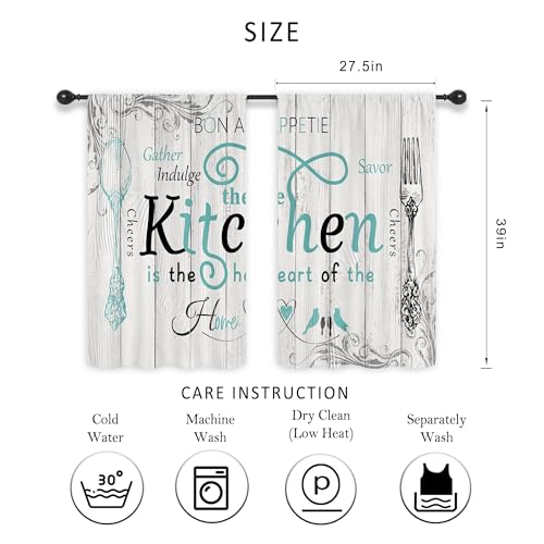 Riyidecor Teal Black Kitchen Curtains Short Small Rustic Country Fork Spoon Rod Pocket Farmhouse Wooden Board Tuoquoise Grey Gray Bedroom Living Room Treatment Fabric 2 Panels 27.5Wx39H Inch - Image 2