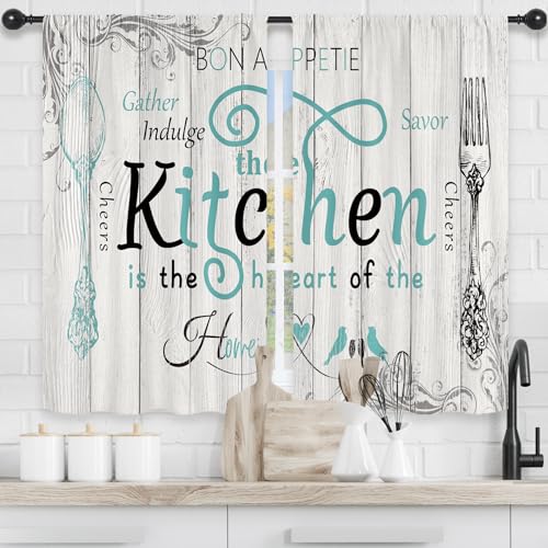 Riyidecor Teal Black Kitchen Curtains Short Small Rustic Country Fork Spoon Rod Pocket Farmhouse Wooden Board Tuoquoise Grey Gray Bedroom Living Room Treatment Fabric 2 Panels 27.5Wx39H Inch - Image 3