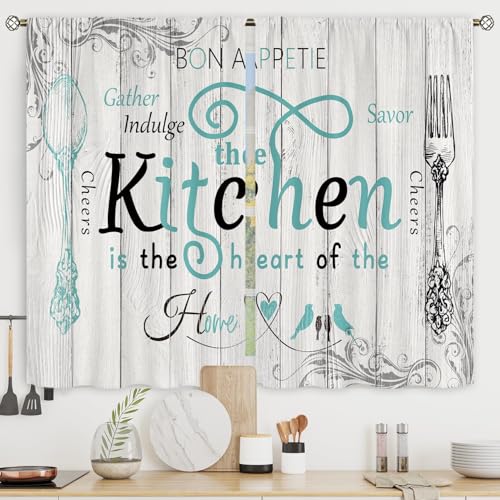 Riyidecor Teal Black Kitchen Curtains Short Small Rustic Country Fork Spoon Rod Pocket Farmhouse Wooden Board Tuoquoise Grey Gray Bedroom Living Room Treatment Fabric 2 Panels 27.5Wx39H Inch - Image 1