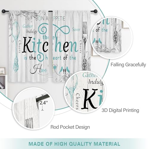 Riyidecor Teal Black Kitchen Curtains Short Small Rustic Country Fork Spoon Rod Pocket Farmhouse Wooden Board Tuoquoise Grey Gray Bedroom Living Room Treatment Fabric 2 Panels 27.5Wx39H Inch - Image 5