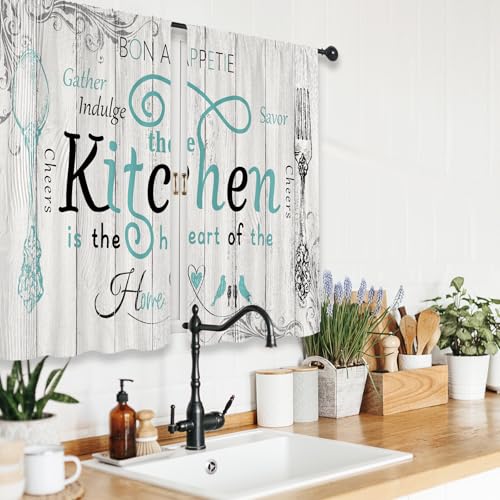 Riyidecor Teal Black Kitchen Curtains Short Small Rustic Country Fork Spoon Rod Pocket Farmhouse Wooden Board Tuoquoise Grey Gray Bedroom Living Room Treatment Fabric 2 Panels 27.5Wx39H Inch - Image 4