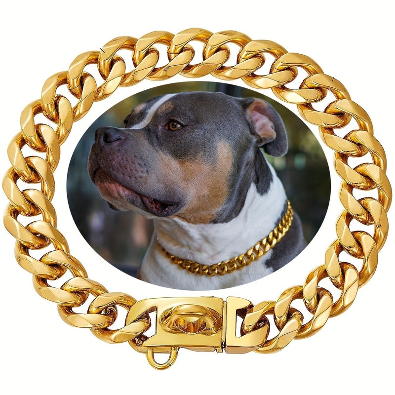 Stainless Steel Golden Dog Collar with Safety Buckle Lock Cuban Link Chain 26 Inch Heavy Duty for Small Medium Large Dogs - Image 1