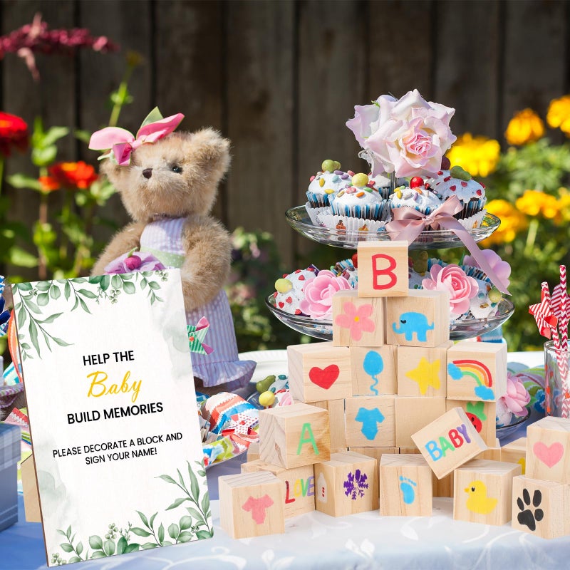 Himake 150 PCS Sage Greenery Baby Shower Games Sign Kit Includes 100 Wooden Blocks, 48 Markers, 1 Game Sign, 1 Storage Box for Baby Shower Gender Reveal Activity Party Decorations(Eucalyptus) - Image 5